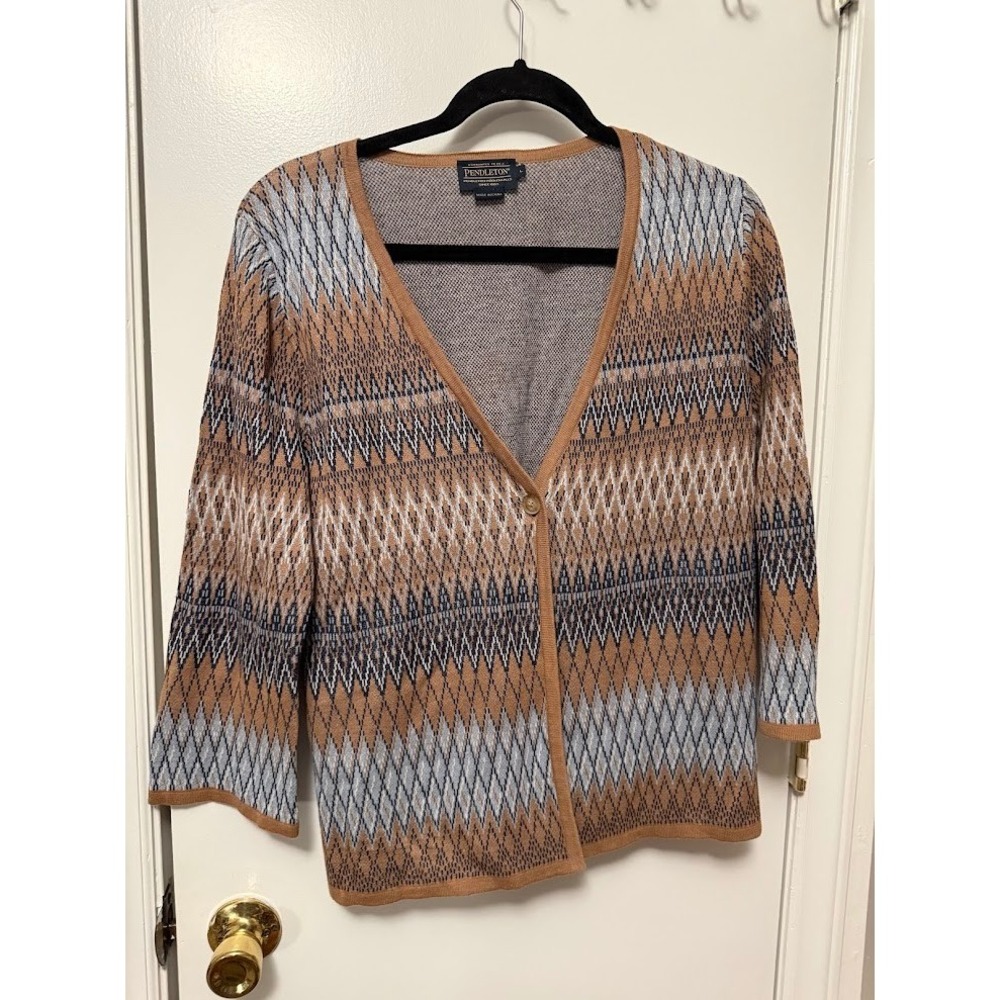 Pendleton One Button Cardigan‎ Wool Sweater Large Argyle Diamond Pattern